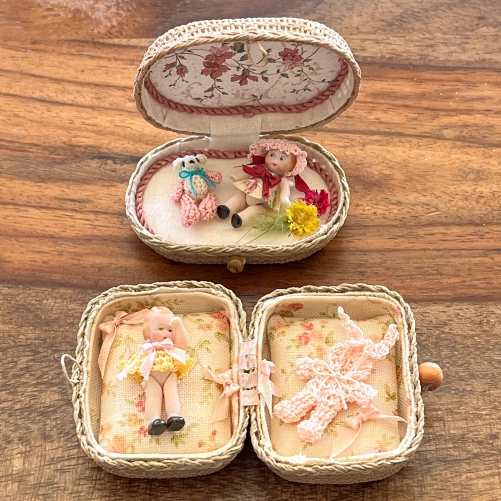 Vintage Miniature - Two Dolls in Suitcases